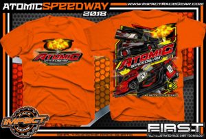 Atomic Speedway Lucas Oil World of Outlaws All Star Sprints Dirt Late Model AMRA Modified Dirt Track Racing T-Shirts Orange