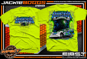 Jackie Boggs Last True Outlaw Lucas Oil Dirt Late Model World of Outlaws WOO Kentucky Dirt Late Model Shirts Safety Yellow