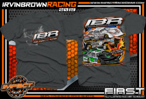 Irvin Brown Racing Jacksonburg, West Virginia Dirt Late Model Racing Shirts for Teams and Drivers Rocket Chassis Kryptonite Race Cars Dark Heather